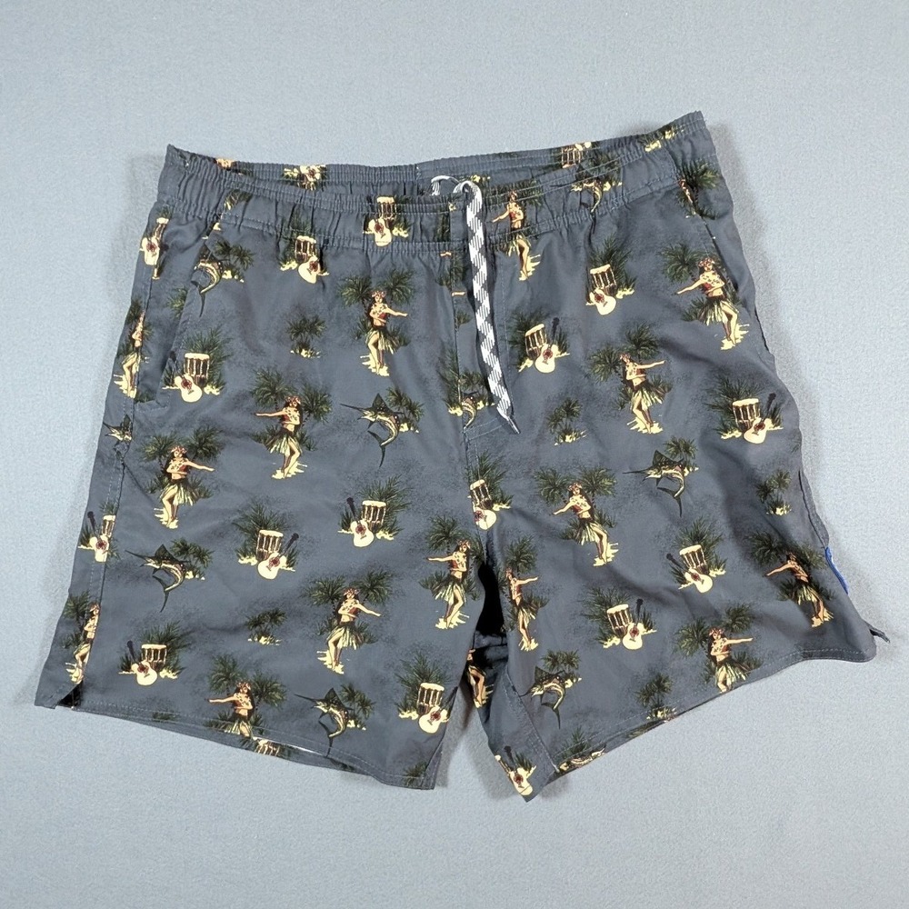 AFTCO Fishing Shorts Mens Medium Grey Tropical Hula Marlin Print 6in Inseam
